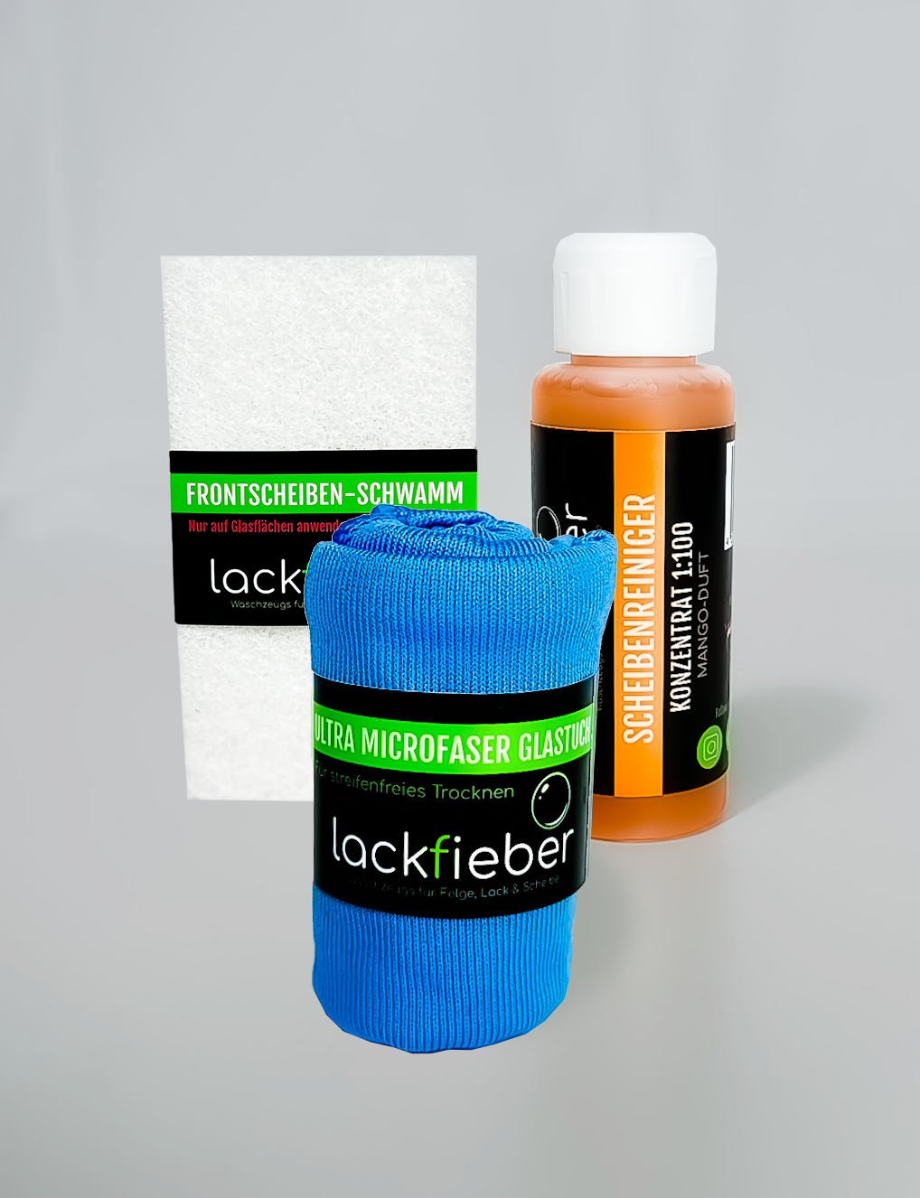 Lackfieber Vario3 - Scheibenreiniger, Ultra Microfasertuch und Frontscheiben-Schwamm