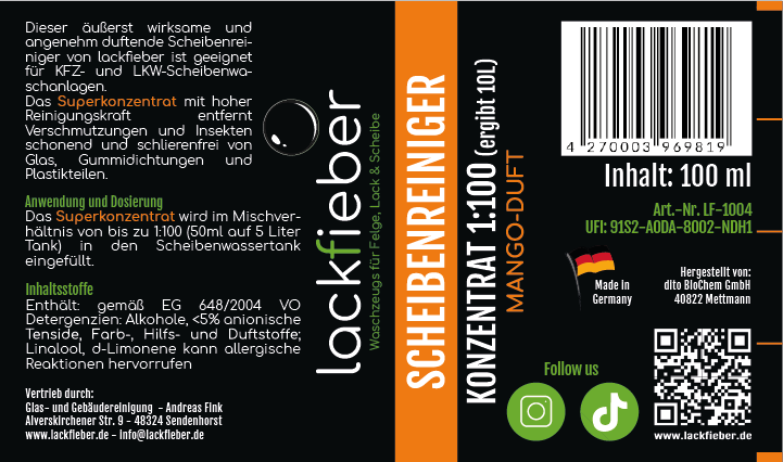 Lackfieber Scheibenreiniger Konzentrat 1:100 Mango Duft 100 ml BLACK WEEK